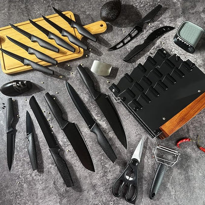 Knife Set, 20 Pcs Kitchen Knife set with block, Sharpener, Finger Guard, Brush, German Stainless Steel, Dishwasher Safe, Anti-slip Handle, Black