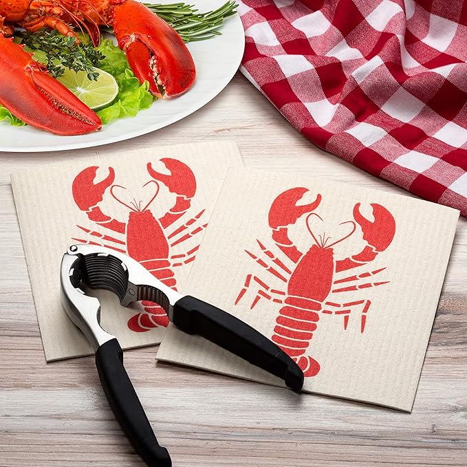 Swedish Dishcloths 2 Pack Red Lobster Print Reusable Sponges Kitchen Cleaning Cloth Dish Scrubber, Machine Washable, Measures 7.87”x6.88 inches.
