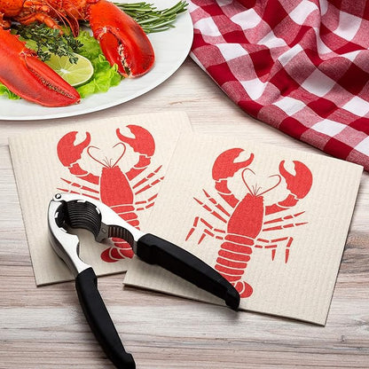 Swedish Dishcloths 2 Pack Red Lobster Print Reusable Sponges Kitchen Cleaning Cloth Dish Scrubber, Machine Washable, Measures 7.87”x6.88 inches.