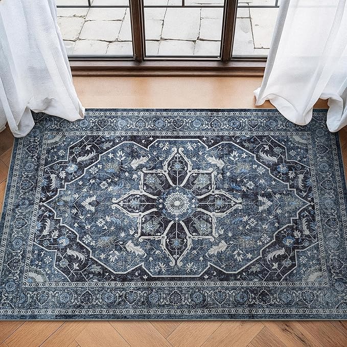 Bloom Rugs Caria Washable Non-Slip 3x5 Rug - Blue/Charcoal Traditional Area Rug for Living Room, Bedroom, Dining Room, and Kitchen - Exact Size: 3' x 5'
