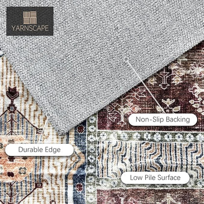 Vintage 2'6'' x 8' Washable Area Rug - Stylish Indoor Rug for Living, Dining or Bedroom - Lightweight Carpet with Non-Slip Backing - Foldable for Easy Placement and Maintenance - Rust