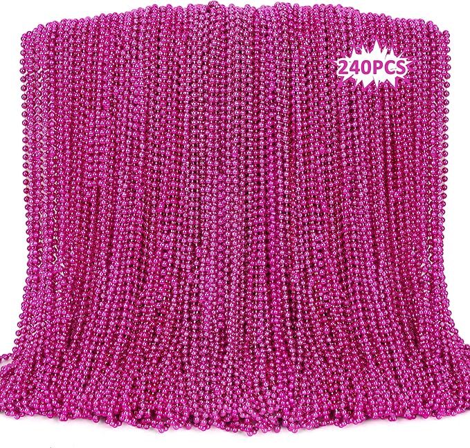 240PCS Mardi Gras Beads, Metallic Breast Cancer Awareness Bead Necklace, 33" Hot Pink Mardi Gras Necklace Stuff, Festival Parade Throw Accessories for Wedding Birthday Celebrations Decor