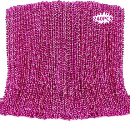 240PCS Mardi Gras Beads, Metallic Breast Cancer Awareness Bead Necklace, 33" Hot Pink Mardi Gras Necklace Stuff, Festival Parade Throw Accessories for Wedding Birthday Celebrations Decor