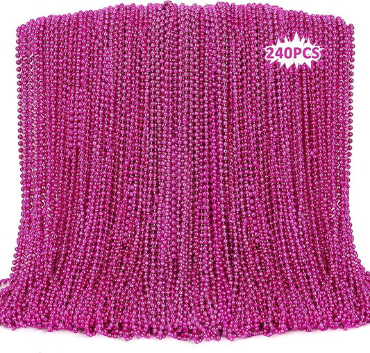240PCS Mardi Gras Beads, Metallic Breast Cancer Awareness Bead Necklace, 33" Hot Pink Mardi Gras Necklace Stuff, Festival Parade Throw Accessories for Wedding Birthday Celebrations Decor
