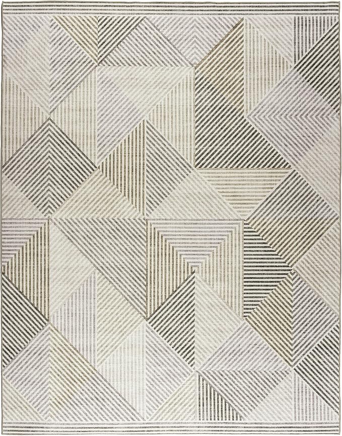 ReaLife Rugs Machine Washable Area Rug Runner - Living Room Bedroom Bathroom Kitchen Entryway Office - Padded Low Pile Stain Resistant Premium - Modern Geometric Contemporary - Miles - Beige 3' x 5'
