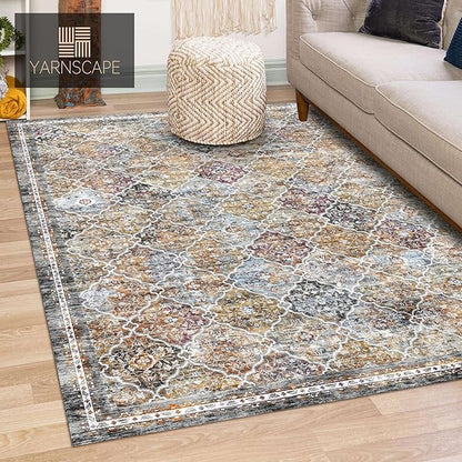 9' x 12' Washable Area Rug - Low Pile Soft Vintage Indoor Rug for Living, Dining or Bedroom - Lightweight Carpet with Non-Slip Backing - Foldable for Easy Placement, Multi
