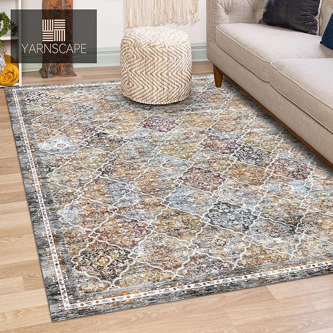 8' x 10' Washable Area Rug - Low Pile Soft Vintage Indoor Rug for Living, Dining or Bedroom - Lightweight Carpet with Non-Slip Backing - Foldable for Easy Placement, Multi