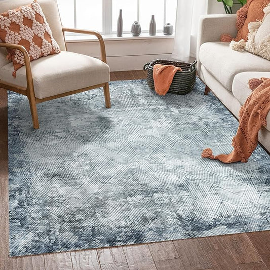 6' x 9' Washable Area Rug - Low Pile Soft Vintage Indoor Rug for Living, Dining or Bedroom - Lightweight Carpet with Non-Slip Backing - Foldable for Easy Placement, Blue