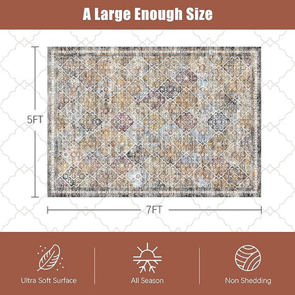9' x 12' Washable Area Rug - Low Pile Soft Vintage Indoor Rug for Living, Dining or Bedroom - Lightweight Carpet with Non-Slip Backing - Foldable for Easy Placement, Multi