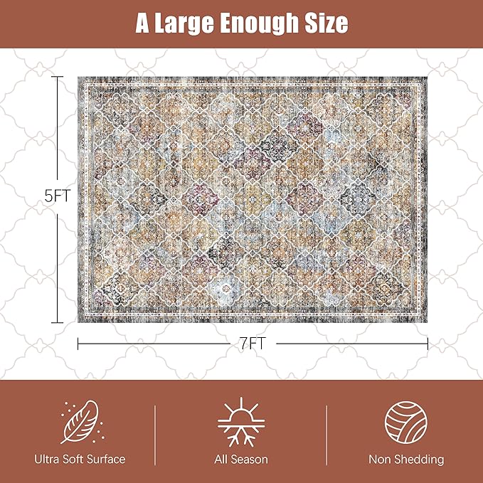8' x 10' Washable Area Rug - Low Pile Soft Vintage Indoor Rug for Living, Dining or Bedroom - Lightweight Carpet with Non-Slip Backing - Foldable for Easy Placement, Multi