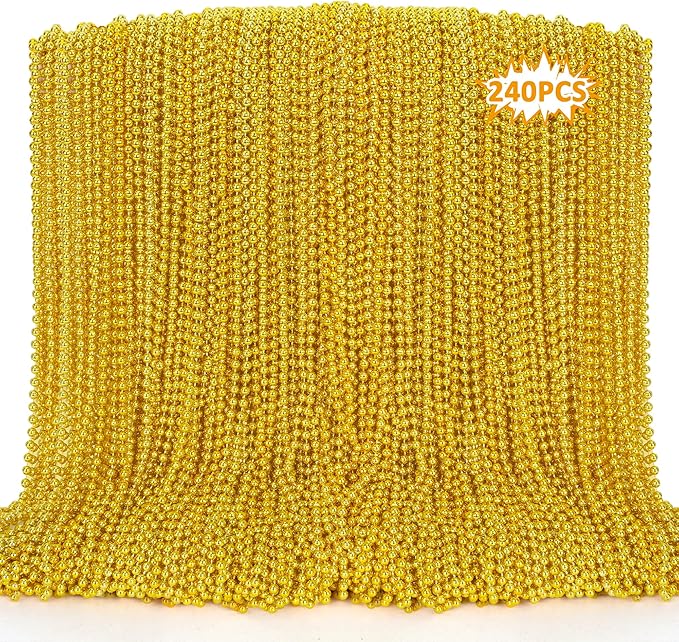 240PCS Mardi Gras Beads, 33" Gold Bead Necklaces Stuff, Mardi Gras Christmas Necklace Costume, Festival Parade Throw Accessories for Wedding Birthday Pirate Party School Activities Supplies