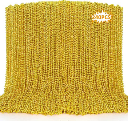 240PCS Mardi Gras Beads, 33" Gold Bead Necklaces Stuff, Mardi Gras Christmas Necklace Costume, Festival Parade Throw Accessories for Wedding Birthday Pirate Party School Activities Supplies