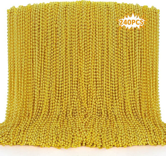 240PCS Mardi Gras Beads, 33" Gold Bead Necklaces Stuff, Mardi Gras Christmas Necklace Costume, Festival Parade Throw Accessories for Wedding Birthday Pirate Party School Activities Supplies
