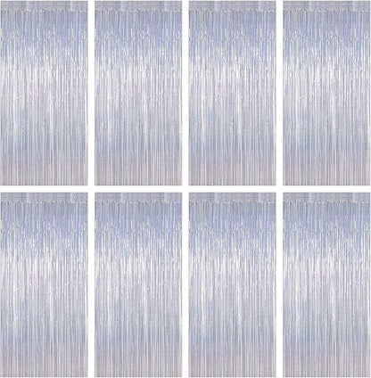8 Pack 3.28 FT x 7.05 FT Tinsel Foil Fringe Backdrop, Glitter Silver Fringe Tinsel, Metallic Foil Curtains Door Streamer Disco Photo Backdrop Foil Streamer Decor Engagement Party Supplies