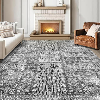 Vintage 4' x 6' Washable Area Rug - Stylish Indoor Rug for Living, Dining or Bedroom - Lightweight Carpet with Non-Slip Backing - Foldable for Easy Placement and Maintenance - Grey