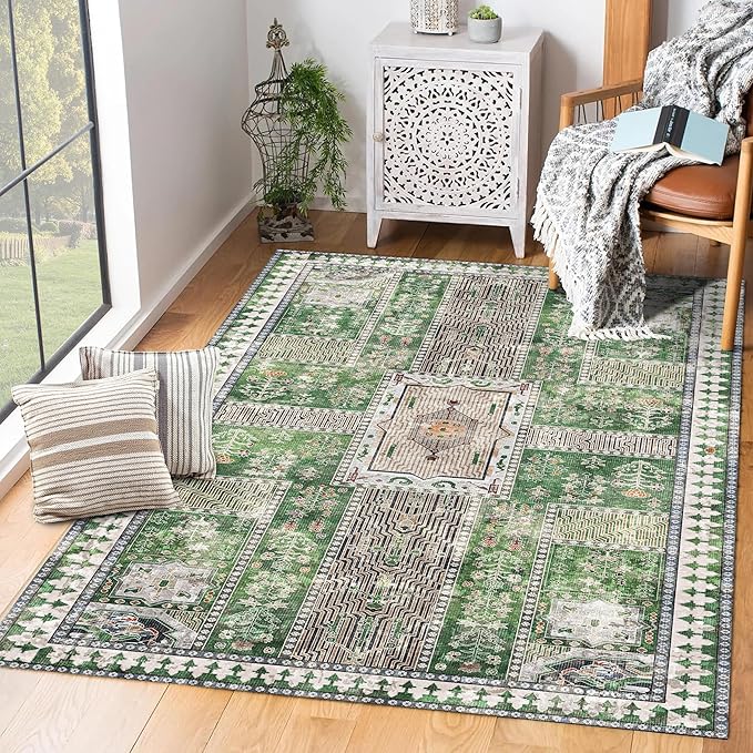 Vintage 8' x 10' Washable Area Rug - Stylish Indoor Rug for Living, Dining or Bedroom - Lightweight Carpet with Non-Slip Backing - Foldable for Easy Placement and Maintenance - Green