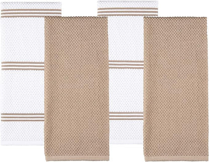 Sticky Toffee Cotton Kitchen Towels Set of 4 – 28x16 in Tan and White Dish Towels, Reusable and Absorbent Tea Towels for Cleaning or Drying, Oeko-Tex Cotton