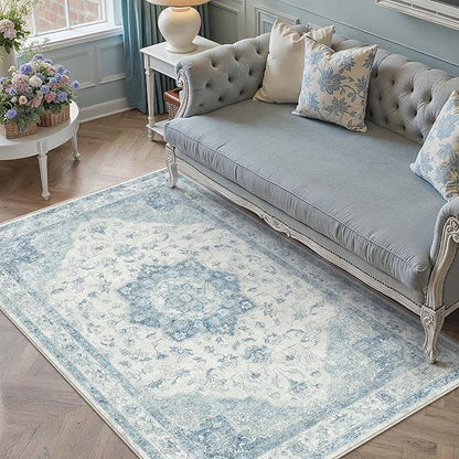 Blue Area Rug 4x6 Washable Vintage Carpet for Office Living Room Soft Retro Low Pile Thin Indoor Rug Non Slip Oriental Medallion Floor Cover for Bedroom Kitchen Dining Room