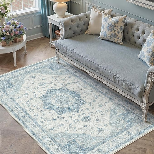 Blue Area Rug 4x6 Washable Vintage Carpet for Office Living Room Soft Retro Low Pile Thin Indoor Rug Non Slip Oriental Medallion Floor Cover for Bedroom Kitchen Dining Room