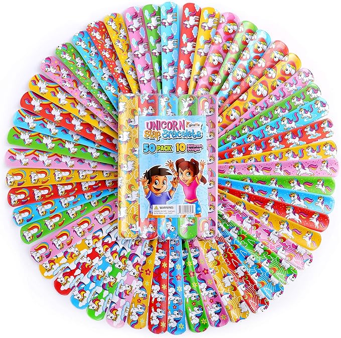 Giraffe Manufacturing 50 pcs Unicorn Slap Bracelets for Kids – Snap Wristbands for Birthday Goodie Bags, Classroom Prizes, Carnival Rewards,Christmas - Unicorn Party Favors for Girls & Boys