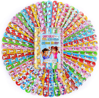 Giraffe Manufacturing 50 pcs Unicorn Slap Bracelets for Kids – Snap Wristbands for Birthday Goodie Bags, Classroom Prizes, Carnival Rewards,Christmas - Unicorn Party Favors for Girls & Boys