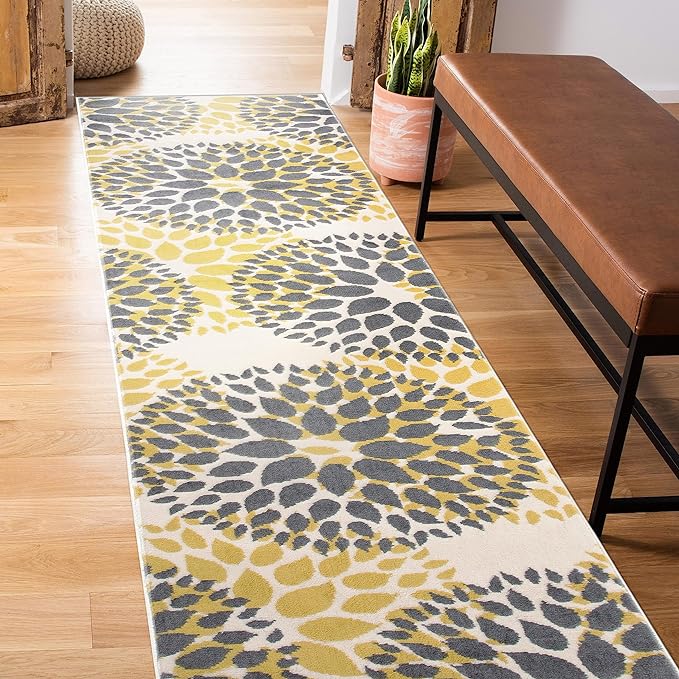 Rugshop Modern Yellow Floral Circles Design Area Rug – Elegant Non-Shedding, 2' x 7' for Living Room, Bedroom, Dining Room, Kitchen