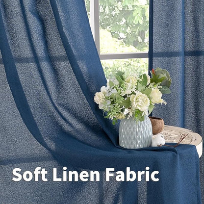 YoungsTex Navy Blue Linen Kitchen Window Curtains 40 Inch Length, Short Light Filtering Drapes Semi Sheer with Bronze Grommet Privacy for Cafe Bathroom Windows, 42 x 40 Inch, 2 Panels