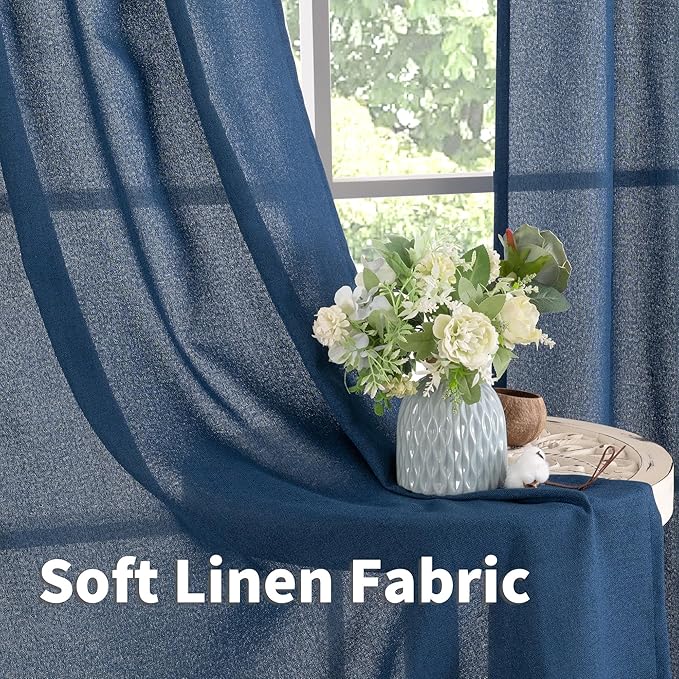 YoungsTex Navy Linen Curtains 84 Inch Length for Living Room, Dark Blue Semi Sheer Drapes Light Filtering with Bronze Grommet Privacy for Bedroom Decorative, 52 x 84 Inch, 2 Panels