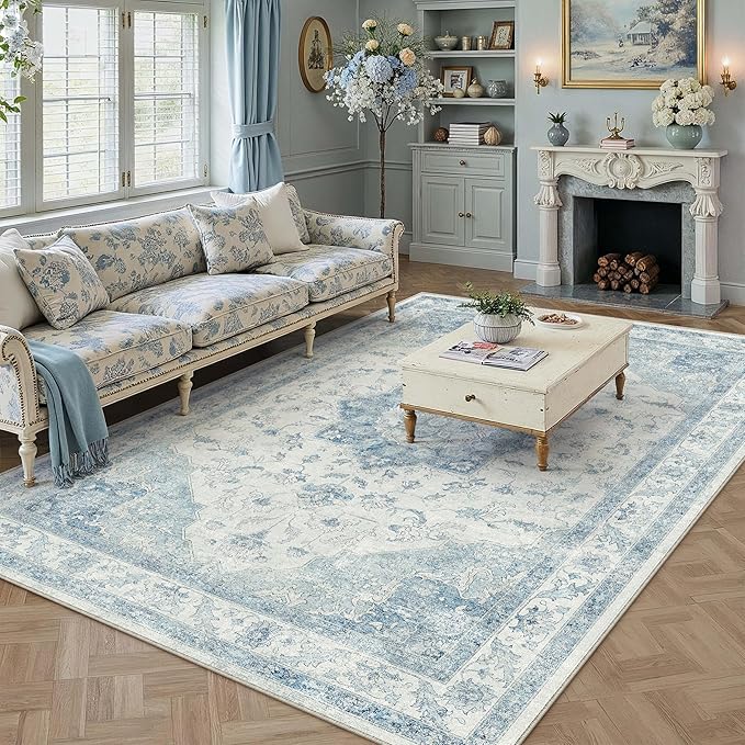 Blue Area Rug 8x10 Washable Vintage Carpet for Living Room Bedroom Large Soft Retro Low Pile Thin Indoor Rug Non Slip Oriental Medallion Floor Cover for Dining Room Office