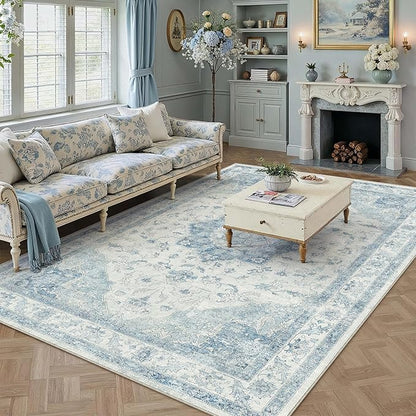 Blue Area Rug 6x9 Washable Vintage Carpet for Living Room Bedroom Large Soft Retro Low Pile Thin Indoor Rug Non Slip Oriental Medallion Floor Cover for Dining Room Office