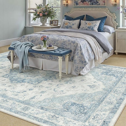 Blue Area Rug 6x9 Washable Vintage Carpet for Living Room Bedroom Large Soft Retro Low Pile Thin Indoor Rug Non Slip Oriental Medallion Floor Cover for Dining Room Office