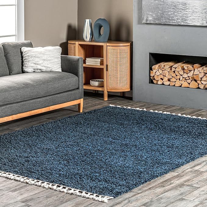 nuLOOM Neva Modern Tasseled Shag Area Rug, 5' Square, Blue