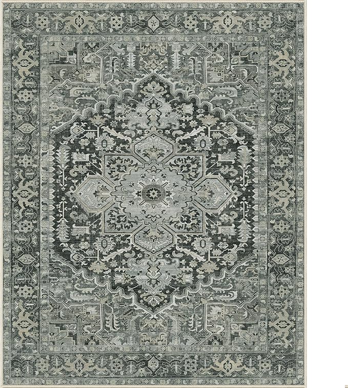 GENIMO Machine Washable 8x10 Area Rugs for Living Room, Non Slip Vintage Rugs, Low Pile Lightweight Chenille Print Rug for Bedroom, Dining Room, Home Office, Night Black