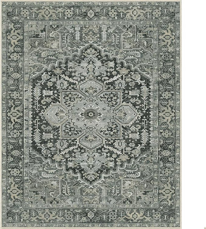 GENIMO Machine Washable 8x10 Area Rugs for Living Room, Non Slip Vintage Rugs, Low Pile Lightweight Chenille Print Rug for Bedroom, Dining Room, Home Office, Night Black