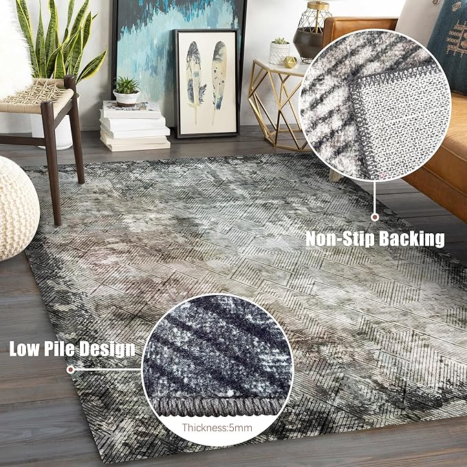 8' x 10' Washable Area Rug - Low Pile Soft Vintage Indoor Rug for Living, Dining or Bedroom - Lightweight Carpet with Non-Slip Backing - Foldable for Easy Placement, Blackish