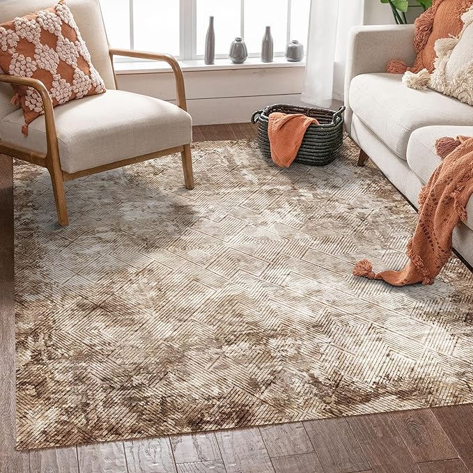 3' x 5 ' Washable Area Rug - Low Pile Soft Vintage Indoor Rug for Living, Dining or Bedroom - Lightweight Carpet with Non-Slip Backing - Foldable for Easy Placement, Brown