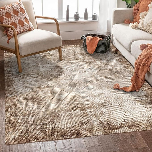6' x 9' Washable Area Rug - Low Pile Soft Vintage Indoor Rug for Living, Dining or Bedroom - Lightweight Carpet with Non-Slip Backing - Foldable for Easy Placement, Brown