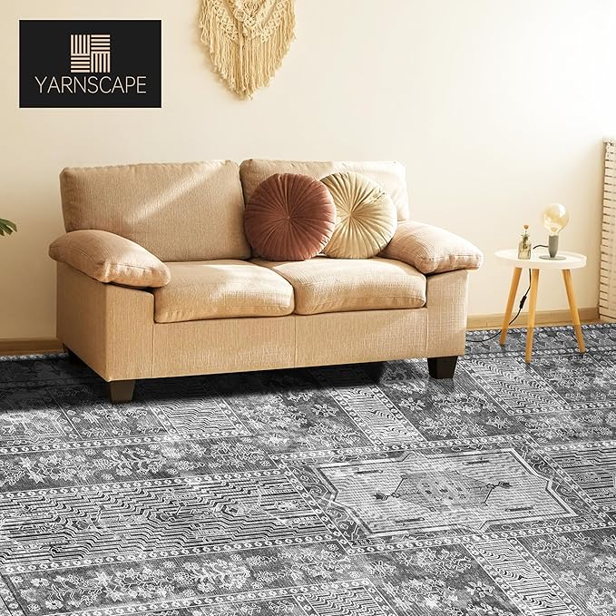 Vintage 9' x 12' Washable Area Rug - Stylish Indoor Rug for Living, Dining or Bedroom - Lightweight Carpet with Non-Slip Backing - Foldable for Easy Placement and Maintenance - Grey