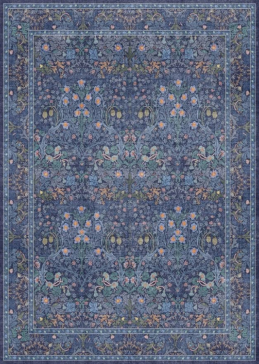 Dark Navy Blue Living Room Rug 5x7 Area Rug - Vintage Floral Forest Washable Mat for Dining Room, Bedroom, Low Pile Non Slip Stain Resistance Distressed Retro Indoor Boho Carpet