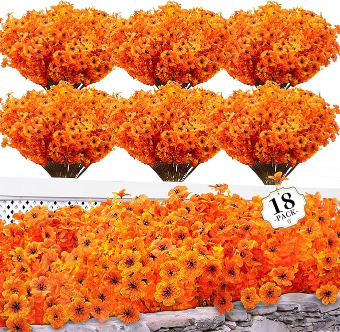 18 Bundles Artificial Mums for Outdoors/Indoors Faux Mums for Outdoor Planters, Eucalyptus Leaves Fall Flowers Artificial for Decoration Boxwood Garden Porch Window Home Wedding(Orange)
