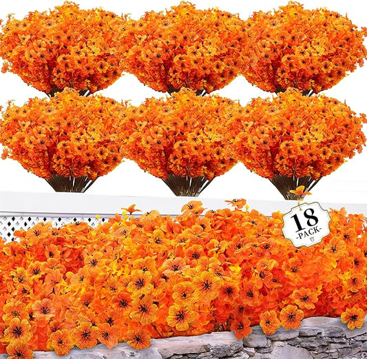 18 Bundles Artificial Mums for Outdoors/Indoors Faux Mums for Outdoor Planters, Eucalyptus Leaves Fall Flowers Artificial for Decoration Boxwood Garden Porch Window Home Wedding(Orange)