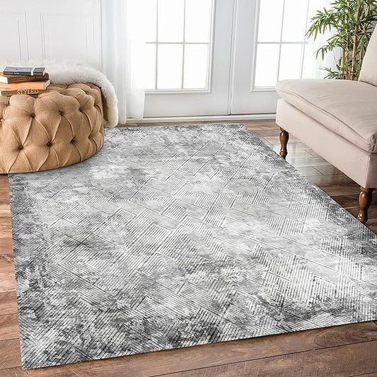 3' x 5 ' Washable Area Rug - Low Pile Soft Vintage Indoor Rug for Living, Dining or Bedroom - Lightweight Carpet with Non-Slip Backing - Foldable for Easy Placement, Grey