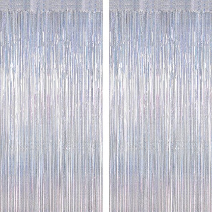 2 Pack Silver Metallic Tinsel Foil Curtains, 3.28 FT x 7.05 FT Glitter Silver Fringe Curtains, New Year Door Streamer Tinsel Backdrop Photo Booth for NYE Party Birthday Engagement Party Decorations