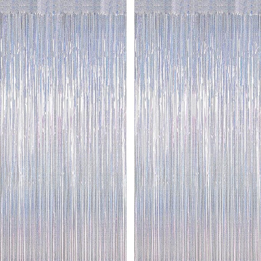 2 Pack Silver Metallic Tinsel Foil Curtains, 3.28 FT x 7.05 FT Glitter Silver Fringe Curtains, New Year Door Streamer Tinsel Backdrop Photo Booth for NYE Party Birthday Engagement Party Decorations