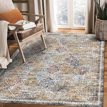 9' x 12' Washable Area Rug - Low Pile Soft Vintage Indoor Rug for Living, Dining or Bedroom - Lightweight Carpet with Non-Slip Backing - Foldable for Easy Placement, Multi