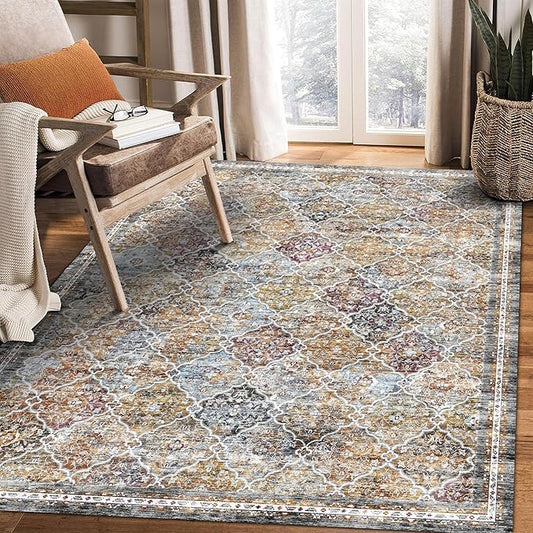 8' x 10' Washable Area Rug - Low Pile Soft Vintage Indoor Rug for Living, Dining or Bedroom - Lightweight Carpet with Non-Slip Backing - Foldable for Easy Placement, Multi