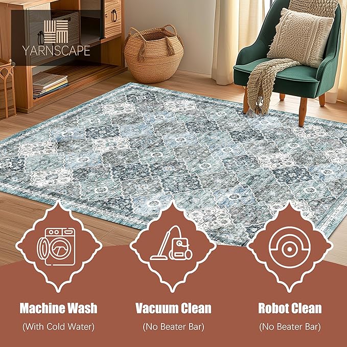 4' x 6' Washable Area Rug - Low Pile Soft Vintage Indoor Rug for Living, Dining or Bedroom - Lightweight Carpet with Non-Slip Backing - Foldable for Easy Placement, Ocean Blue