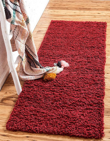 Unique Loom Solid Shag Collection Area Rug (2' 7" x 10' Runner, Cherry Red)