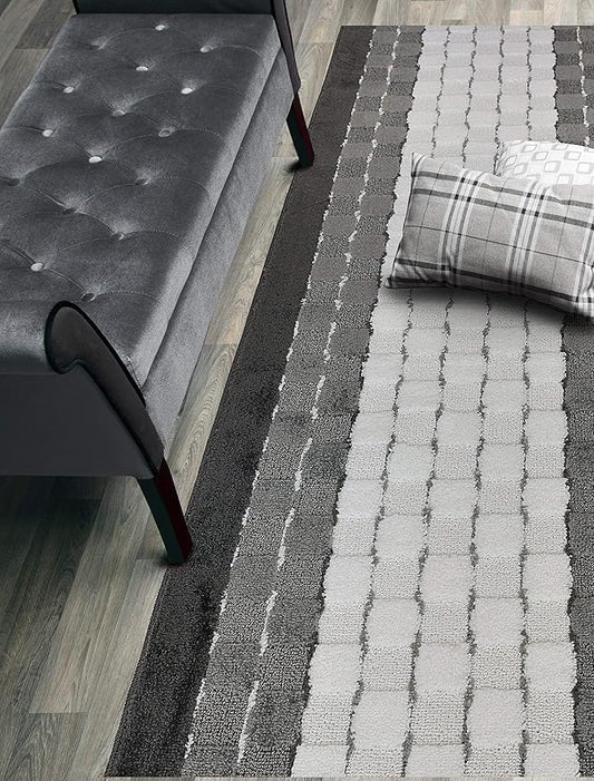 Custom Size Hallway Runner Rug, Slip Resistant Rubber Back, 26 Inch Wide x Your Choice of Length Size, Checkered Anthracite White, 26 Inch X 9 Feet, Sold and Priced Per Foot