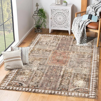 Vintage 3' x 5 ' Washable Area Rug - Stylish Indoor Rug for Living, Dining or Bedroom - Lightweight Carpet with Non-Slip Backing - Foldable for Easy Placement and Maintenance - Ivory